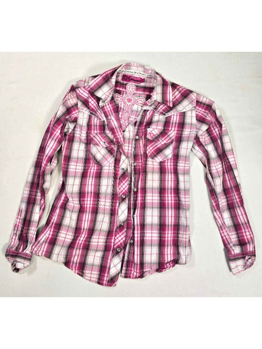 Cowgirl Hardware Country Western Shirt Rhinestone Snaps Girls Large 100% Cotton